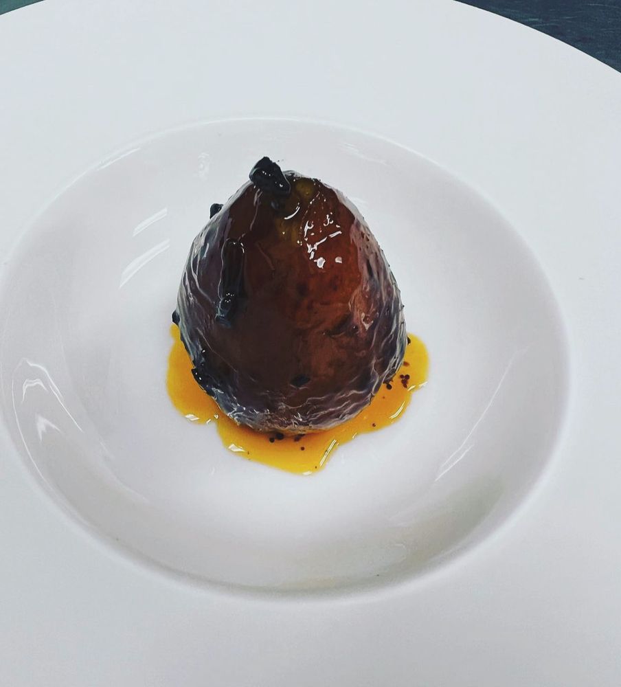 Slow-roasted fig with saffron honey and black garlic