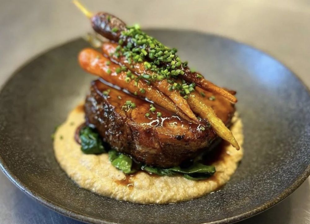 Glazed pork belly with heirloom carrots and creamy polenta